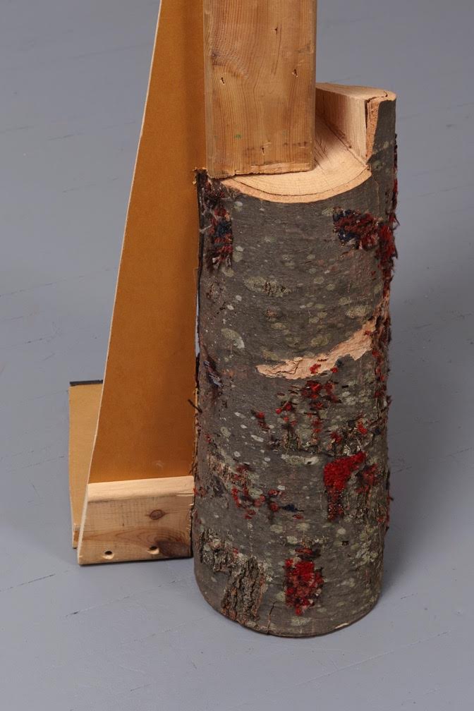 Elana Herzog, Untitled (SC 2017-1) 2017 Section of wooden shipping crate, cut log, metal staples, textile 48.5 x 18 x 11.5